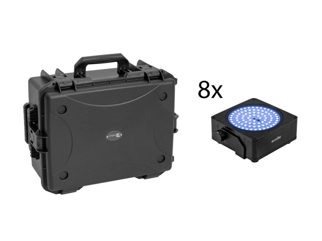 EUROLITE Set 8x AKKU IP Flat Light SMD bk + plastkoffert med tralle