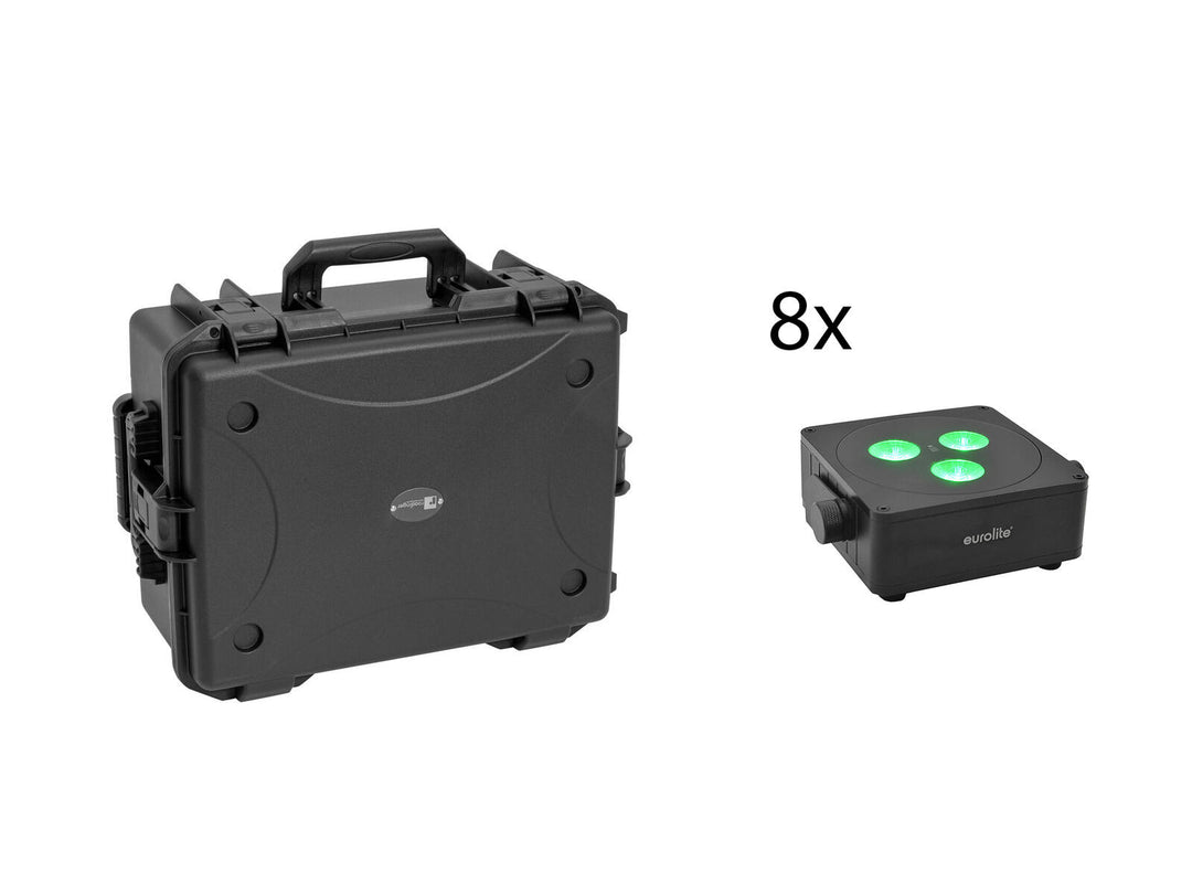 EUROLITE Set 8x AKKU IP Flat Light 3 bk + Plastic case med trillefunksjon