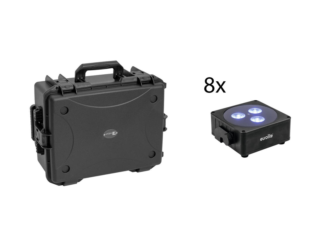 EUROLITE-sett 8x AKKU Flat Light 3 bk + Plastic case with trolley