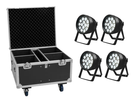 EUROLITE Sett 4x LED IP PAR 14x8W QCL + flightkasse