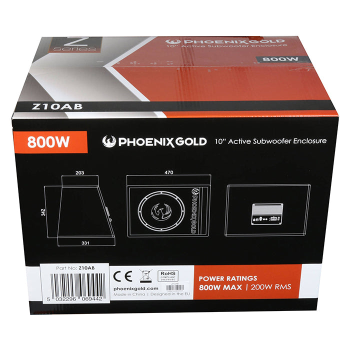 Phoenix Gold 10" aktiv subwoofer med kabler og fjernkontroll