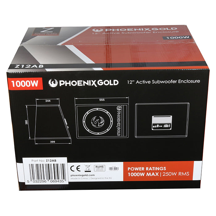 Phoenix Gold 12" aktiv subwoofer med kabler og fjernkontroll