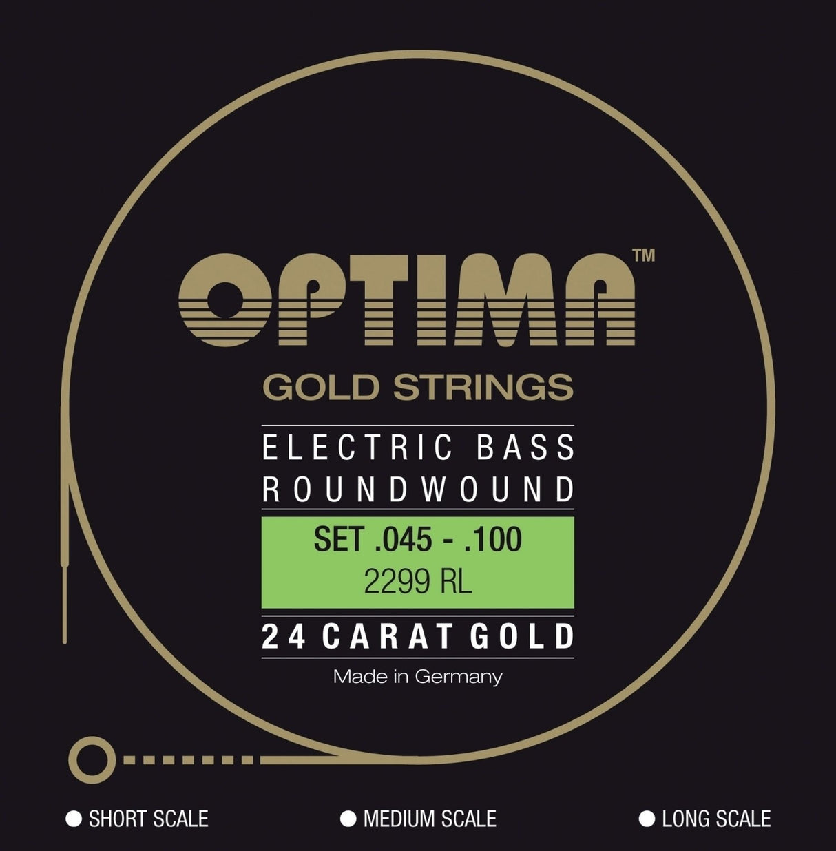Optima E-bass-strenger Gold Strings rundviklede lang skala – sett 4-strengers reg-light (2299L)