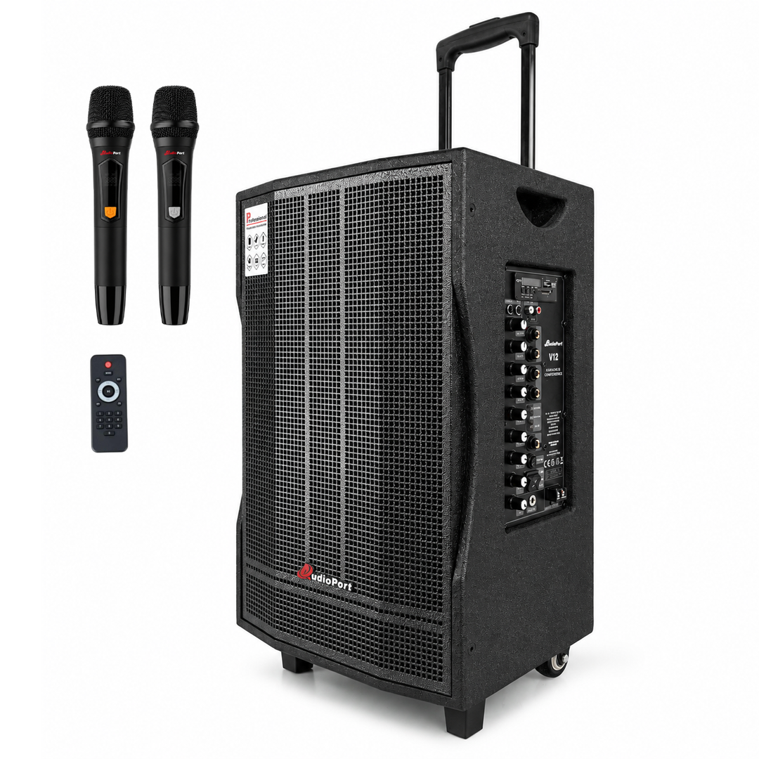 Audioport V12 transportabel aktiv høyttaler 350 W med 2 mikrofoner
