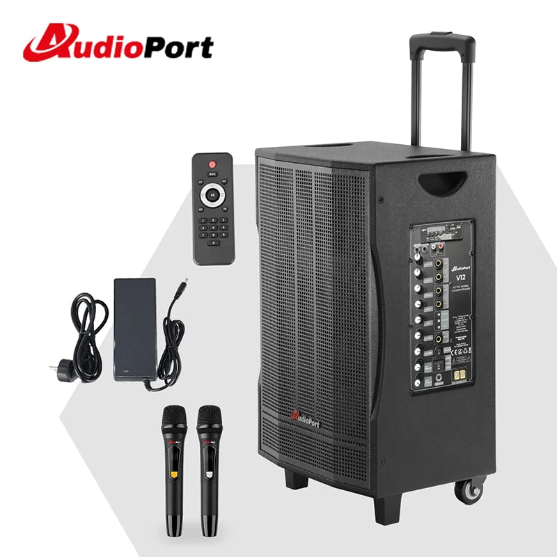 Audioport V12 transportabel aktiv høyttaler 350 W med 2 mikrofoner