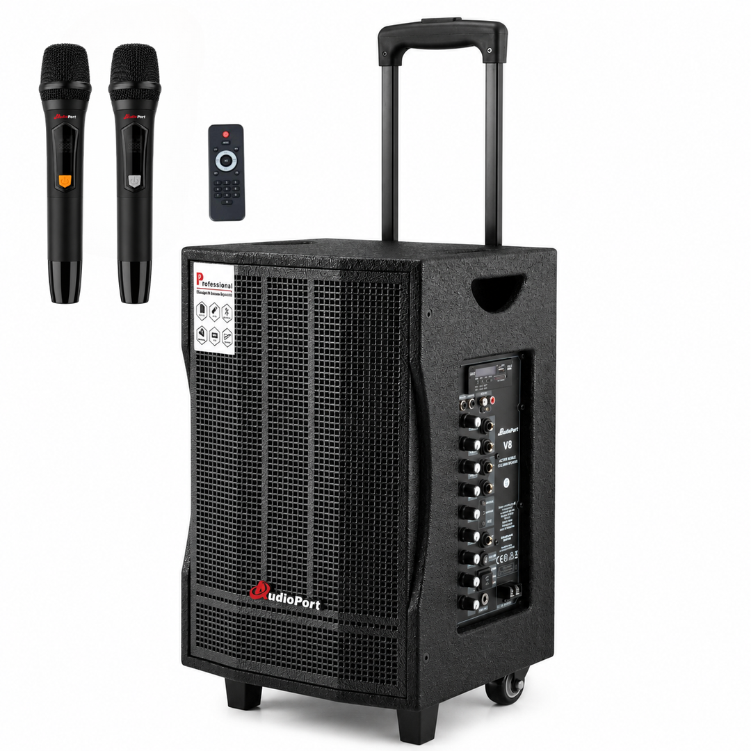 Audioport V8 transportabel aktiv høyttaler 250 W med 2 mikrofoner