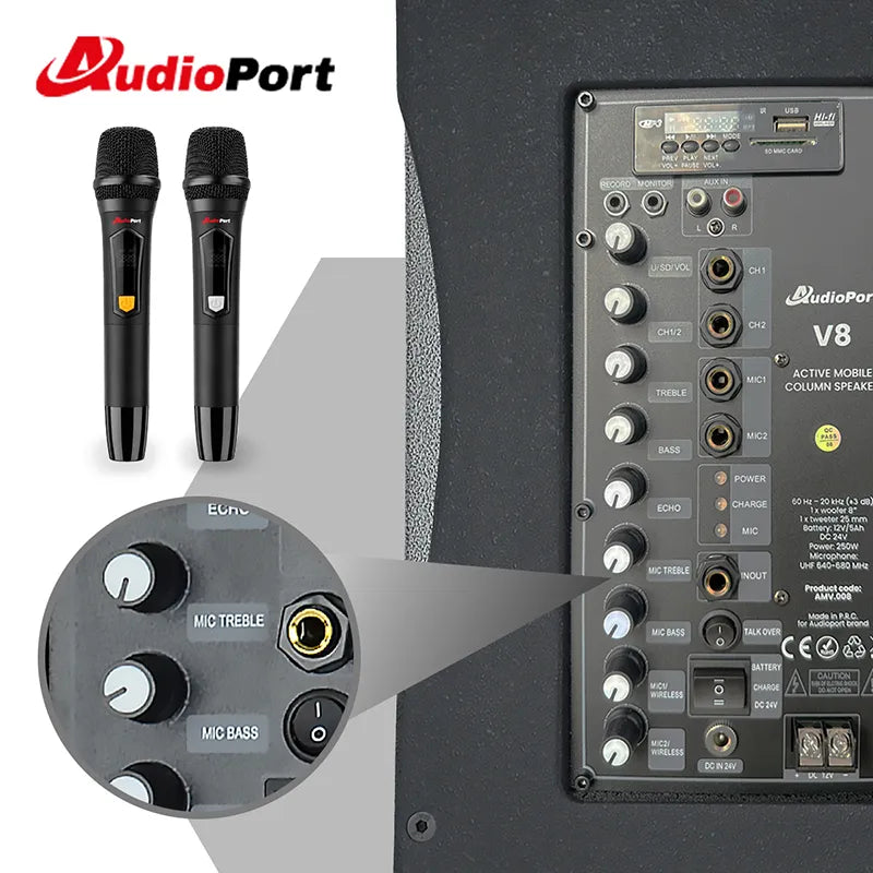 Audioport V8 transportabel aktiv høyttaler 250 W med 2 mikrofoner