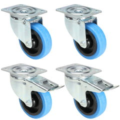 4x blå hjul 2 med og 2 uten brems (100 mm)