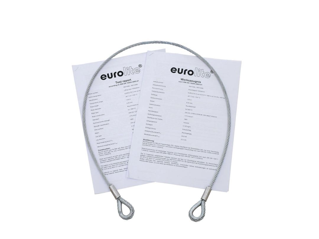 EUROLITE ståltau 1000x6mm sølv med kaus