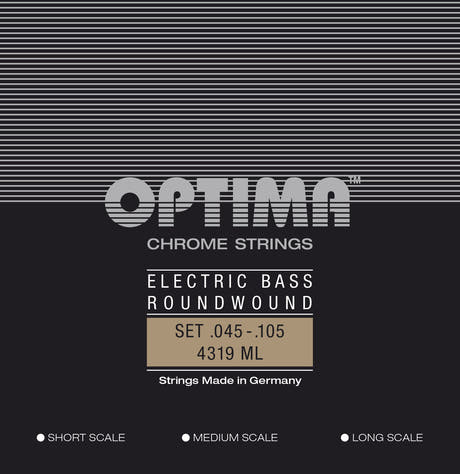 Optima E-Bass-strenger Chrome Strings rundviklede lang mensur – sett 4-strengers medium-light (4319ML)