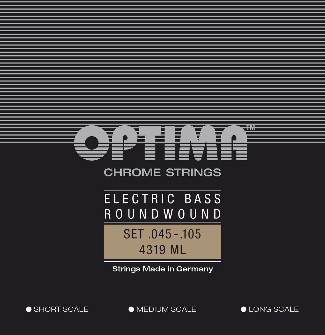 Optima E-Bass-strenger Chrome Strings rundviklede lang mensur – sett 4-strengers medium-light (4319ML)