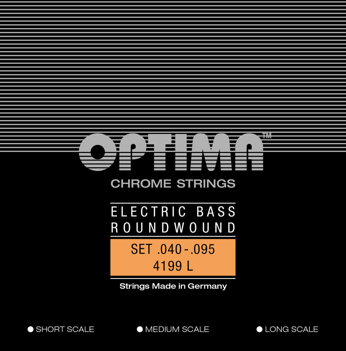 Optima E-bass-strenger Chrome Strings. Roundwound Medium Scale - sett 4-string light (4199M)