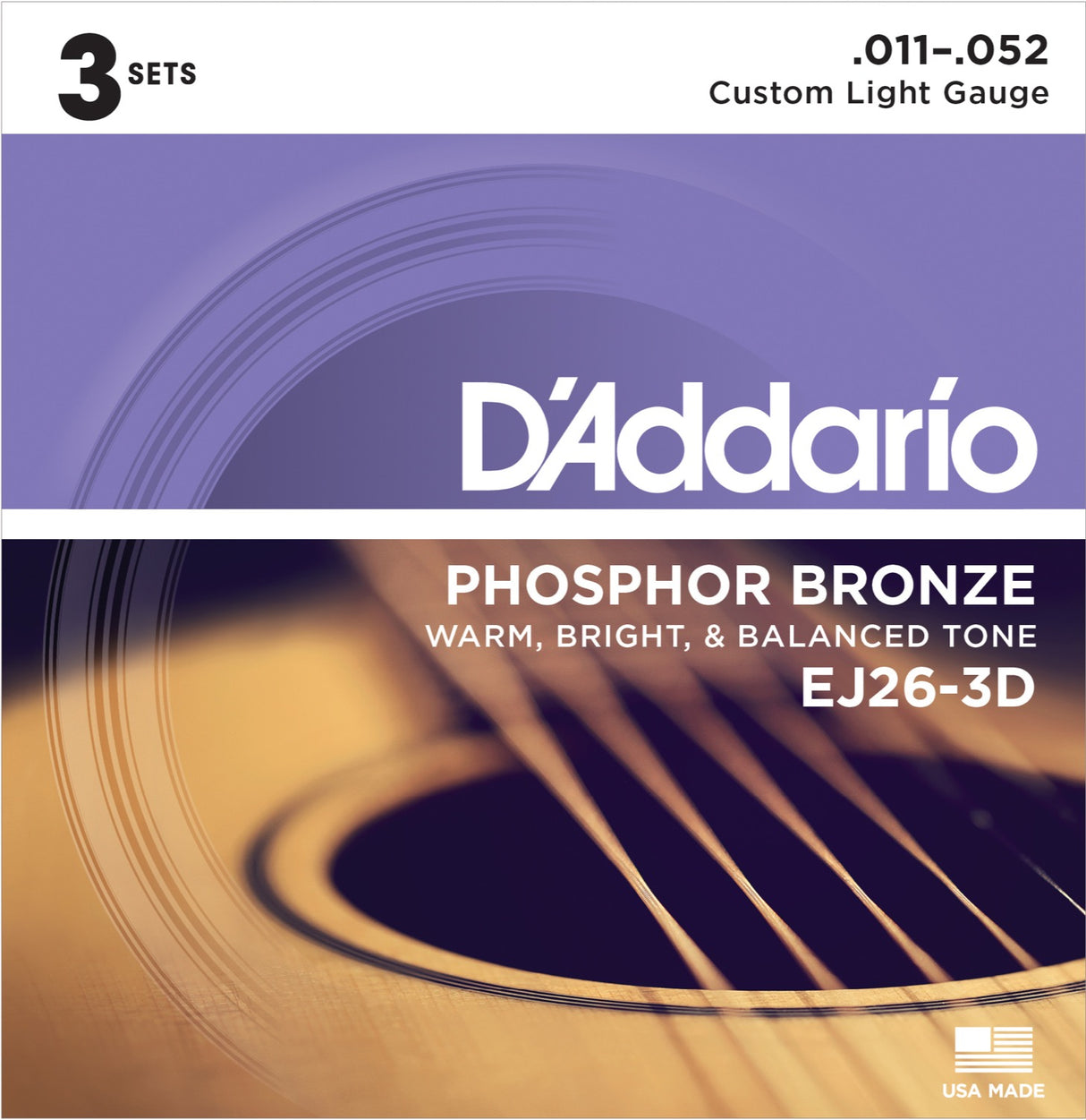 Daddario EJ26-3D fosforbronse gitarstrenger 3-pack (tilpasset lys, 11-52)