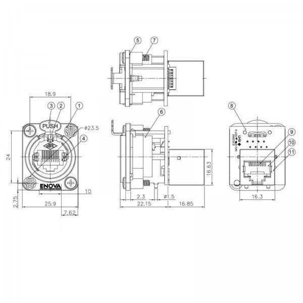 Enova RJ45-chassisgjennomføring CAT5E blank