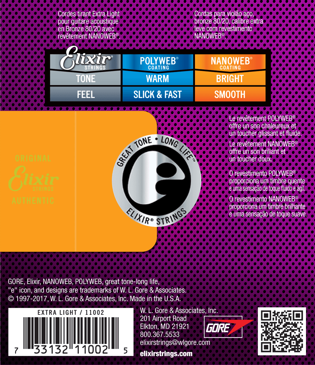 Elixir Nanoweb Bronze 80/20 gitarstrenger (ekstra lette, 10-47)