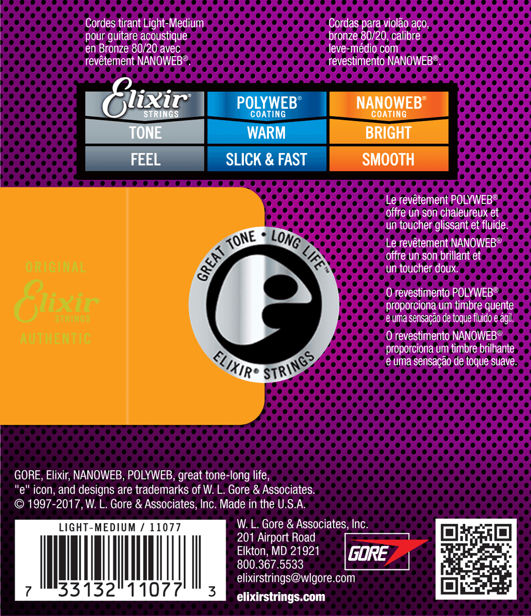 Elixir Nanoweb Bronze 80/20 gitarstrenger (medium lys, 12-56)