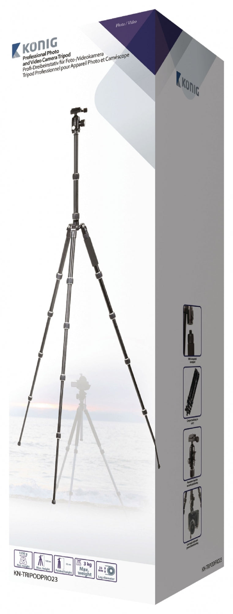 Profesjonelt kamera/videostativ med kulehode, 145 cm