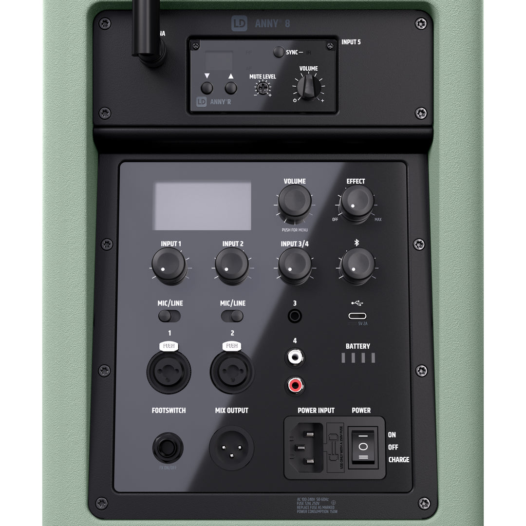LD Systems ANNY® 8 BPH B5 GN - Bærbar batteridrevet Bluetooth® PA-høyttaler med mikser og 1x headset-mikrofon (inkl. bodypack), Adventure Green