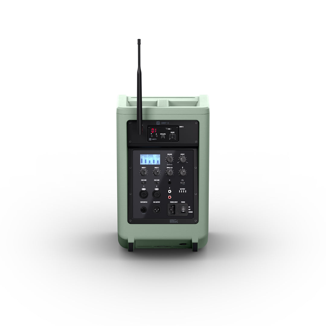 LD Systems ANNY® 8 BPH B6 GN - Bærbar batteridrevet Bluetooth® PA-høyttaler med mikser og 1x headsetmikrofon (inkl. bodypack), Adventure Green