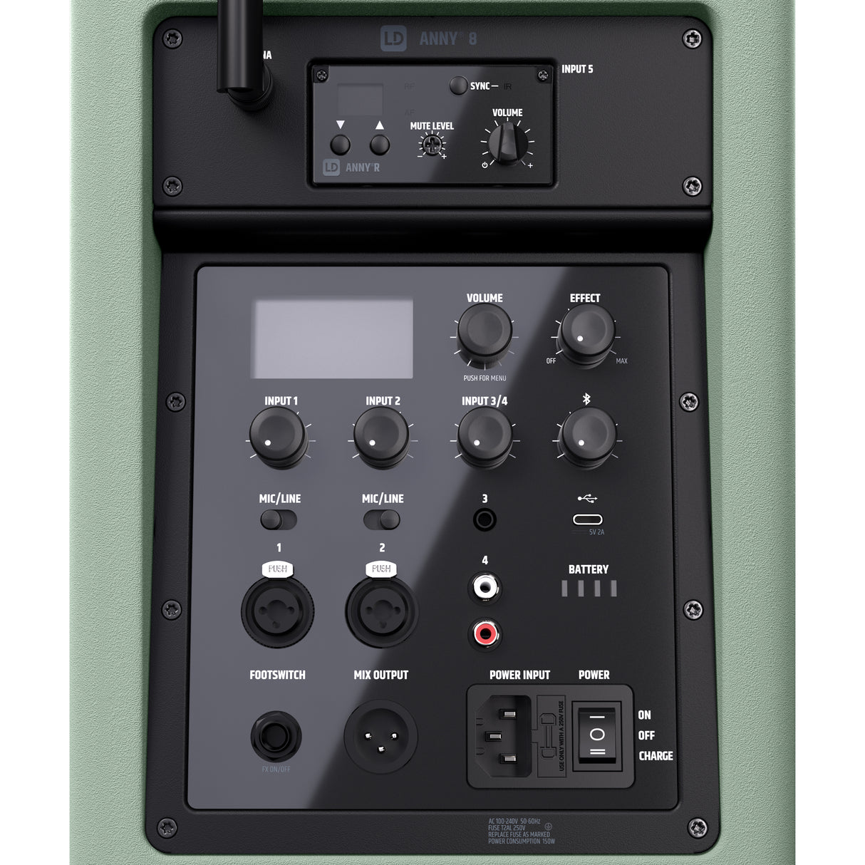 LD Systems ANNY® 8 BPH B6 GN - Bærbar batteridrevet Bluetooth® PA-høyttaler med mikser og 1x headsetmikrofon (inkl. bodypack), Adventure Green