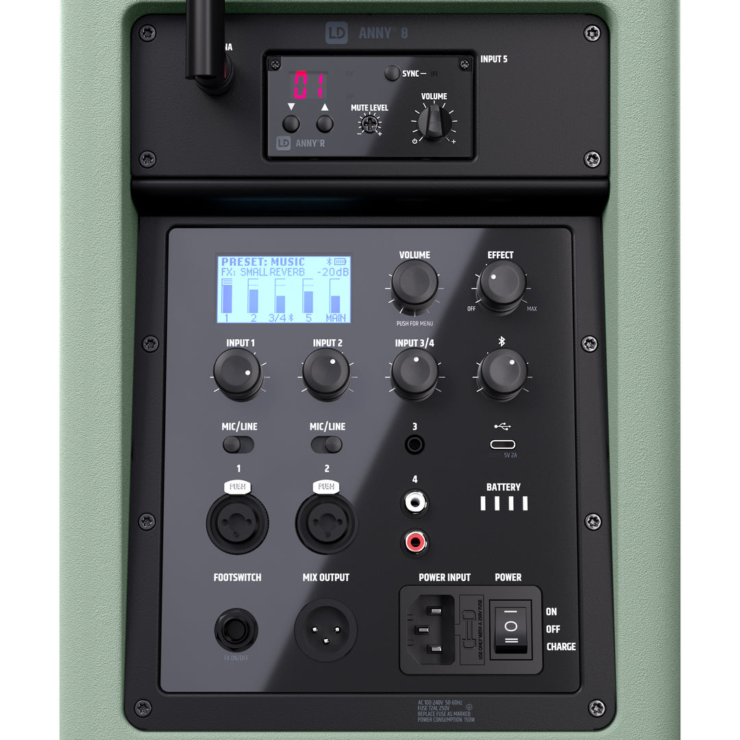 LD Systems ANNY® 8 BPH B6 GN - Bærbar batteridrevet Bluetooth® PA-høyttaler med mikser og 1x headsetmikrofon (inkl. bodypack), Adventure Green