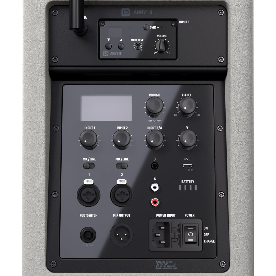 LD Systems ANNY® 8 BPH B6 G - Bærbar batteridrevet Bluetooth® PA-høyttaler med mikser og 1x headsetmikrofon (inkl. bodypack), Urban Grey