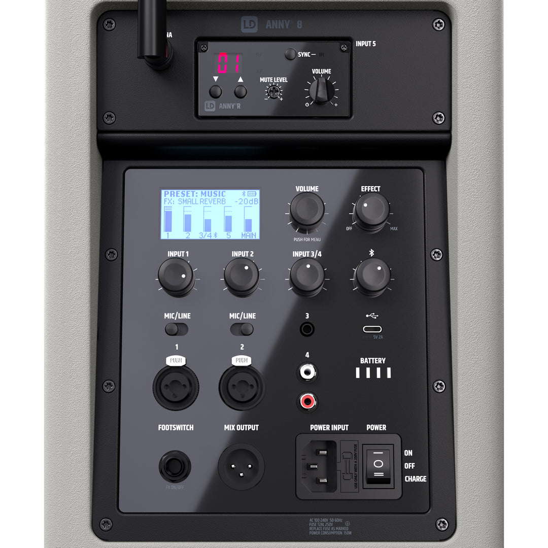 LD Systems ANNY® 8 BPH B8 G - Bærbar batteridrevet Bluetooth® PA-høyttaler med mikser og 1x headsetmikrofon (inkl. bodypack), Urban Grey
