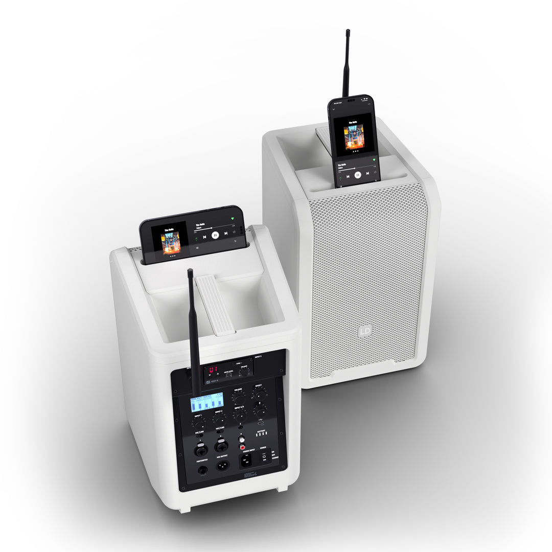 LD Systems ANNY® 8 BPH B8 W - Bærbar batteridrevet Bluetooth® PA-høyttaler med mikser og 1x headsetmikrofon (inkl. bodypack), Pure White