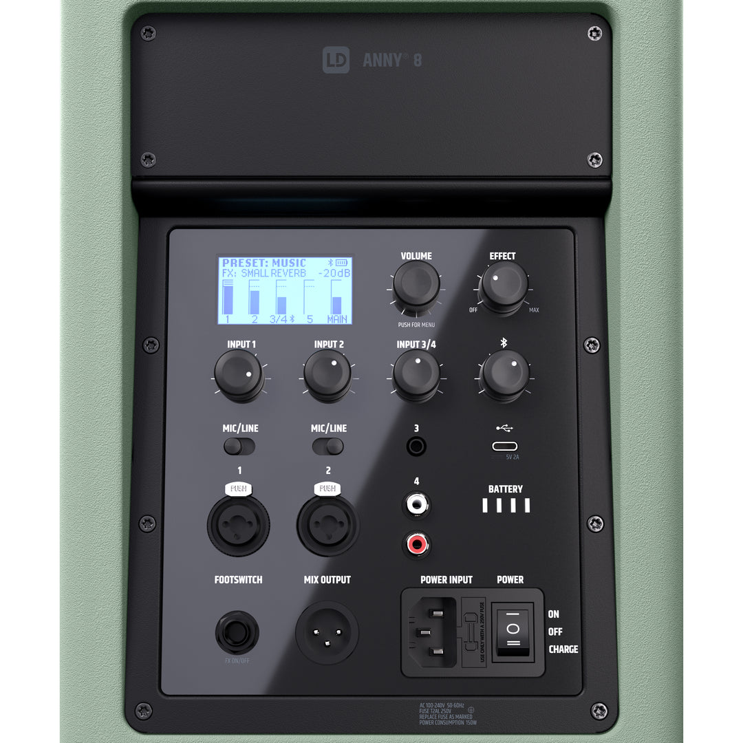 LD Systems ANNY® 8 GN - Bærbar batteridrevet Bluetooth® PA-høyttaler med mikser, Adventure Green
