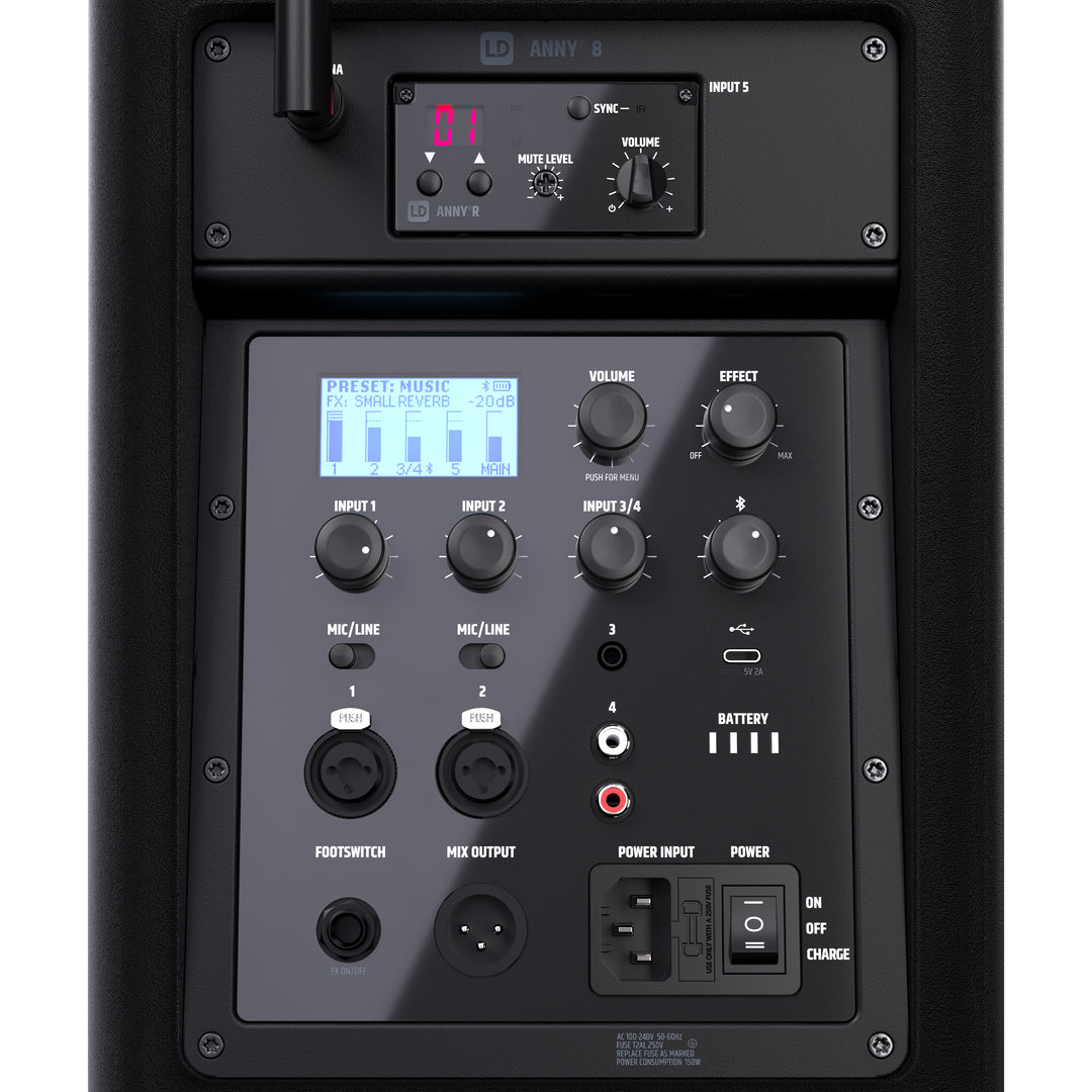 LD Systems ANNY® 8 HHD B8 - Bærbar batteridrevet Bluetooth® PA-høyttaler med mikser og 1 x trådløs håndholdt mikrofon, Stage Black