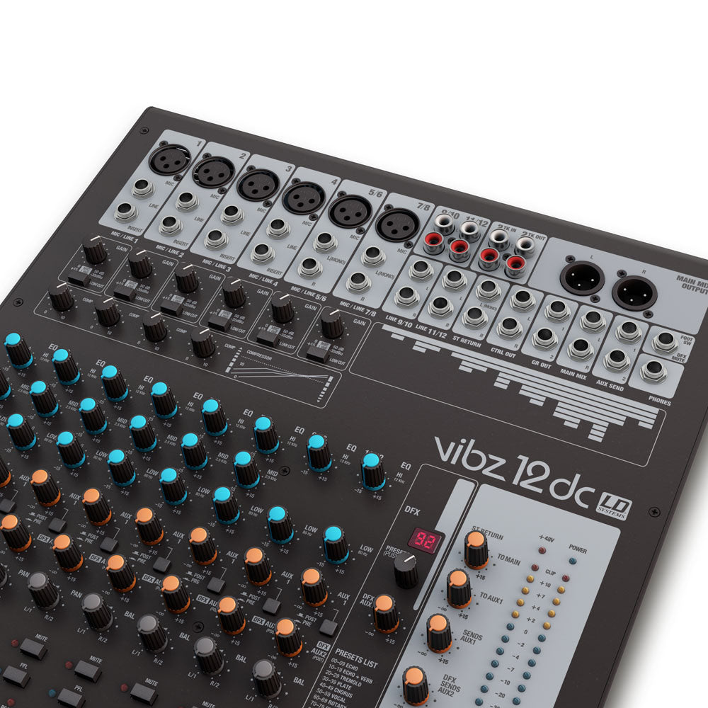 LD Systems VIBZ 12 DC - 12-kanals mixerpult med DFX og kompressor