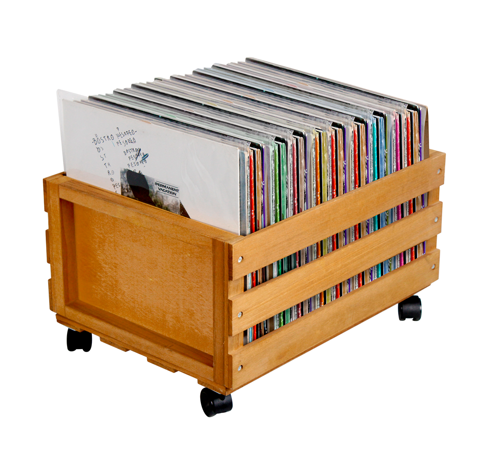 Vinylboks med hjul i lys tre