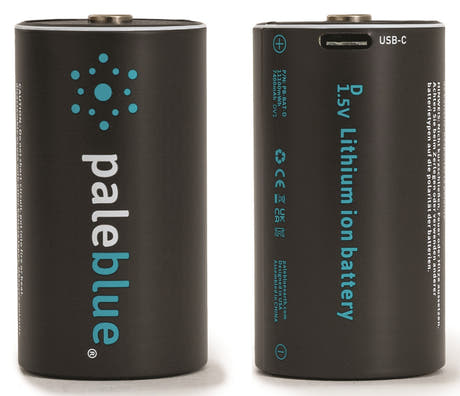 Pale Blue Li-Ion oppladbart D-batteri, 2-pakning med D-celler og 2x1 USB-C-kabel