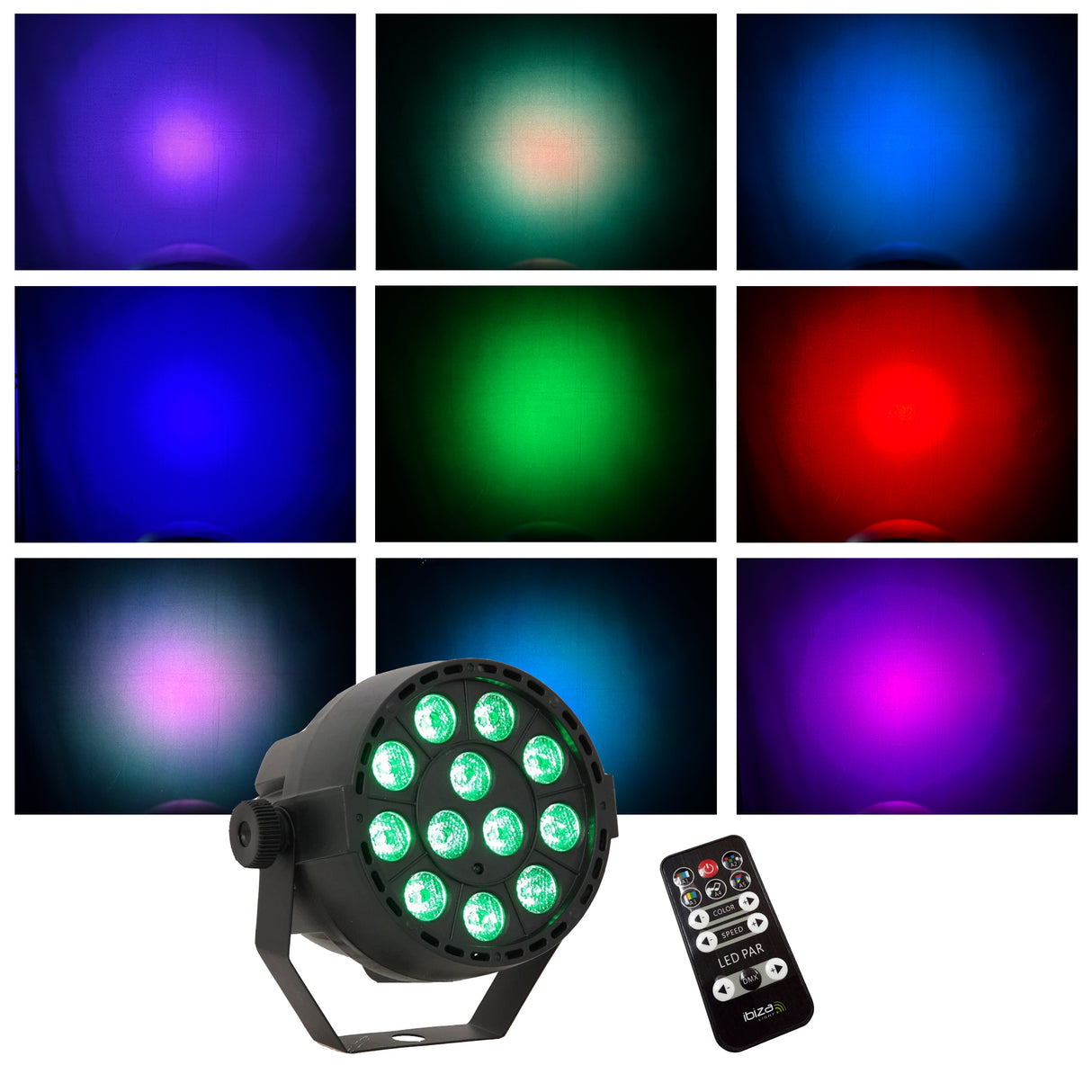 LED Spot Multicolor med fjernkontroll (12x3W) & Perfex Lysstativ
