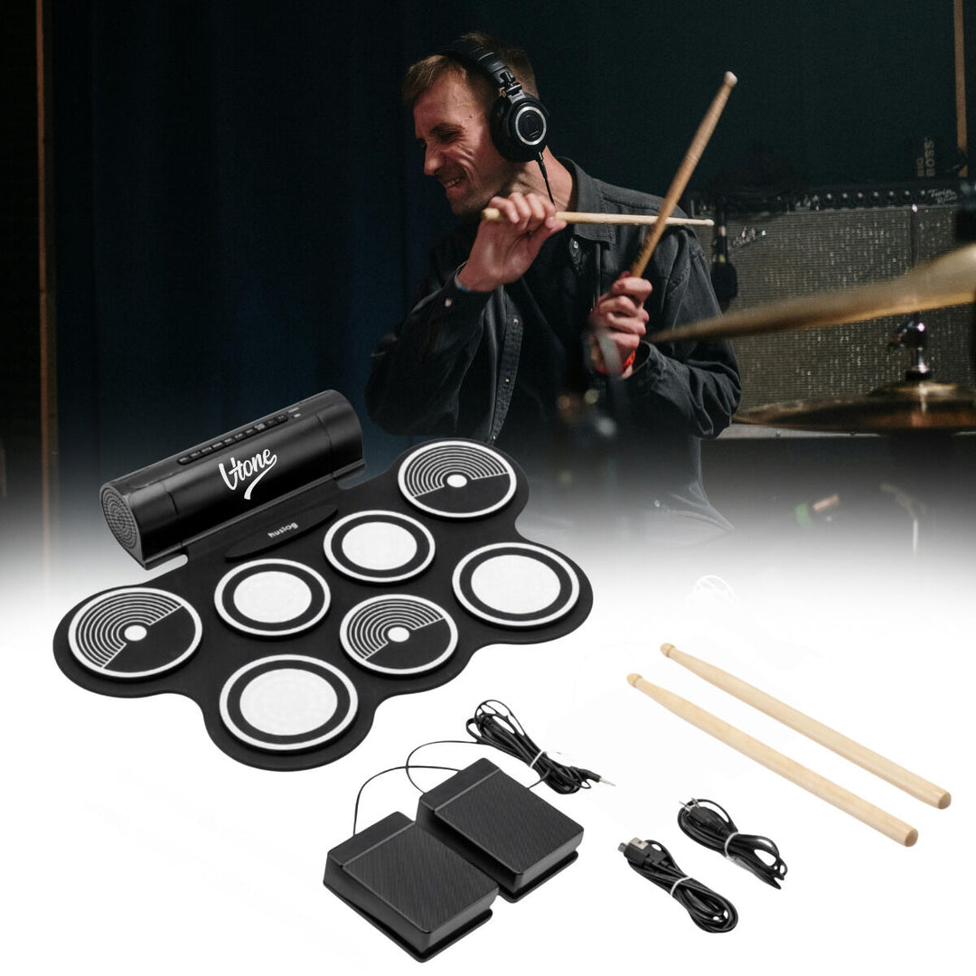 V-TONE RD7 Elektronisk Trommesett – Roll-Up Drum Kit med 7 Pads, Pedaler og Høyttalere