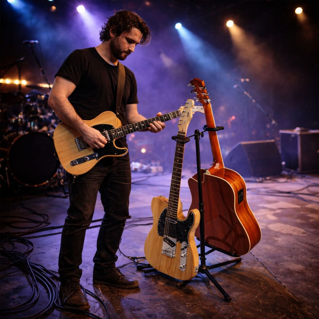 Gitarstativ for 2 Gitarer - Svart sammenleggbart stålstativ