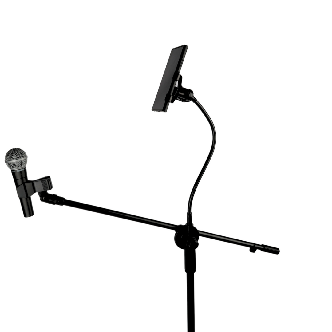Mikrofonstativ med boomarm, smarttelefonholder og gooseneck