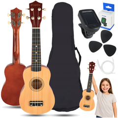 Ukulelesett med etui, tuner og tilbehør, naturtre