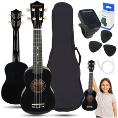 Ukulelesett med etui, tuner og tilbehør, svart
