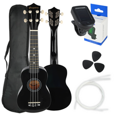 Ukulelesett med etui, tuner og tilbehør, svart