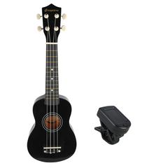 Ukulelesett med etui, tuner og tilbehør, svart