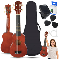 Ukulelesett med etui, tuner og tilbehør,Dark Wood
