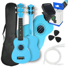 Ukulelesett med Etui, Tuner og Tilbehør, Blå