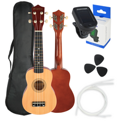 Ukulelesett med etui, tuner og tilbehør, naturtre