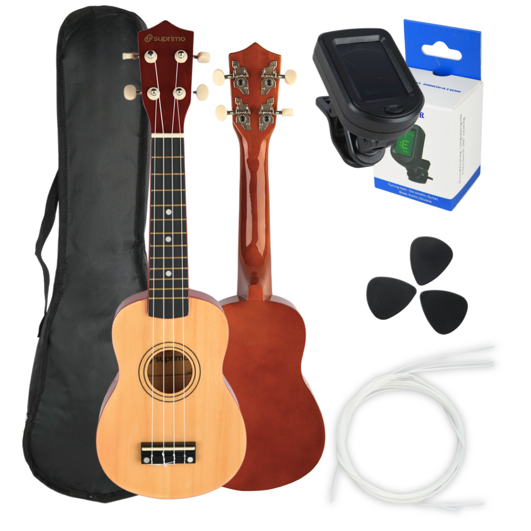 Ukulelesett med etui, tuner og tilbehør, naturtre
