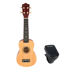 Ukulelesett med etui, tuner og tilbehør, naturtre