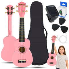 Ukulelesett med Etui, Tuner og Tilbehør, Pink